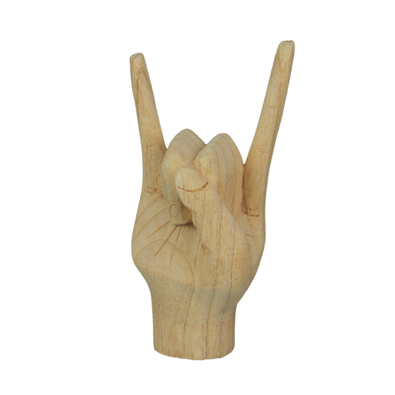 Carved Wooden Rock On Devil Horns Hand Gesture Statue Natural Finish Home Decor image number 0