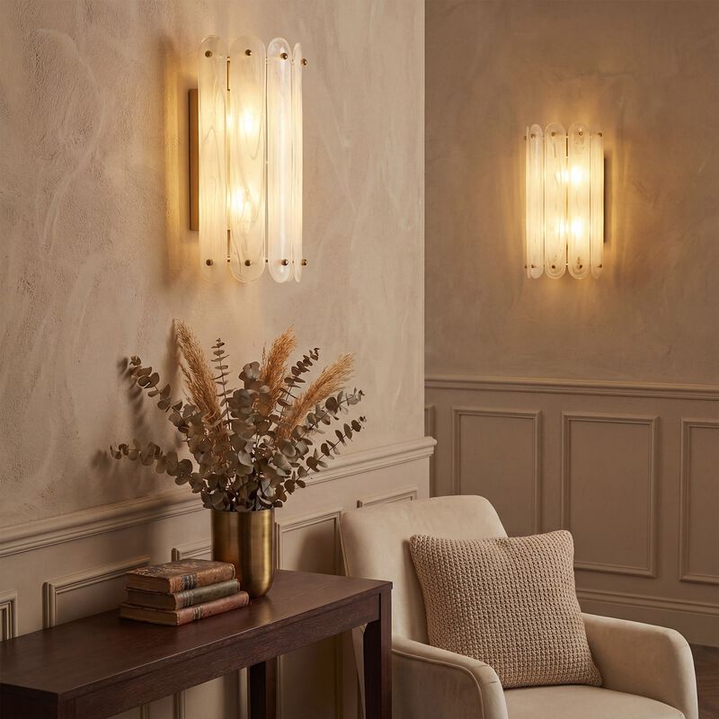 Brass Wall Sconce, Two-Light Cloud Glass Wall Light, Up or Down Mount image number 3