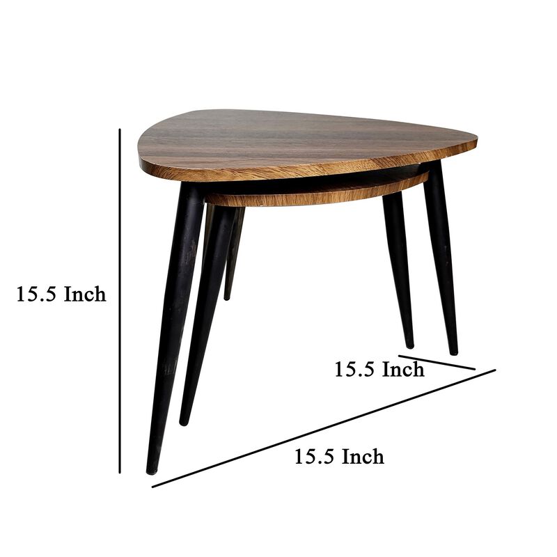 Clovia Nesting Table, Set of 2, Triangular Brown Solid Wood, Black Metal