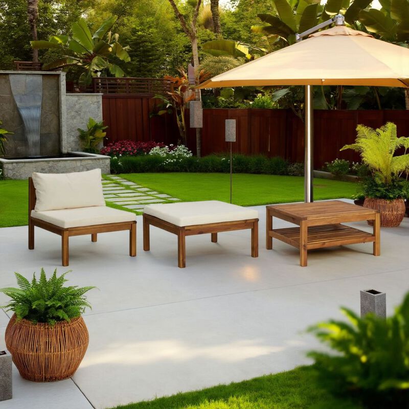 3pc Patio Set with Chair, Ottoman, Coffee Table, Acacia Wood, White - Benzara