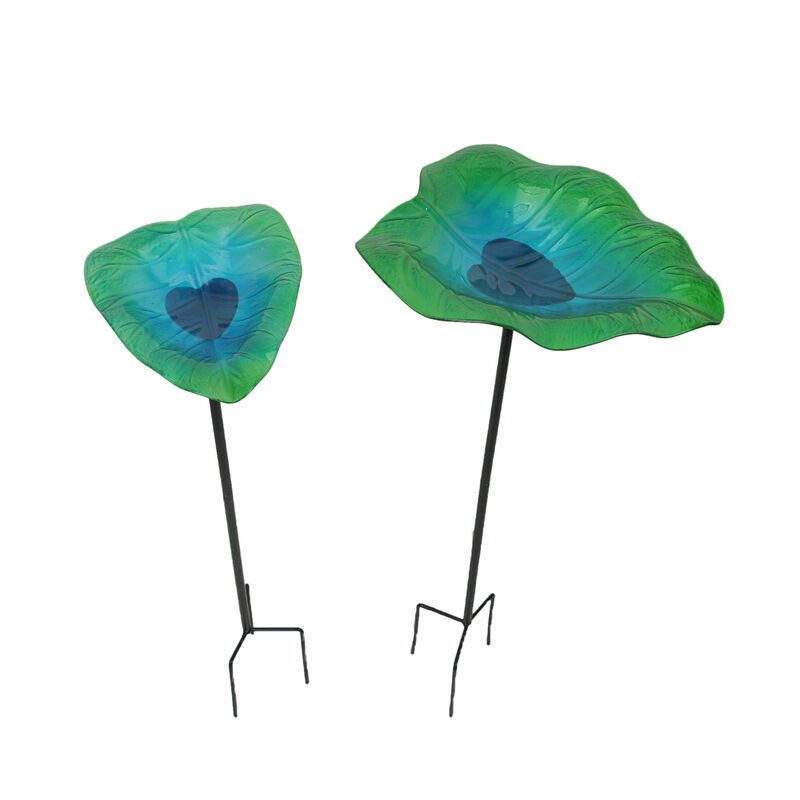 Set of 2 Green Blue Glass Leaf Bird Bath Garden Stakes Outdoor Home Yard Decor image number 0