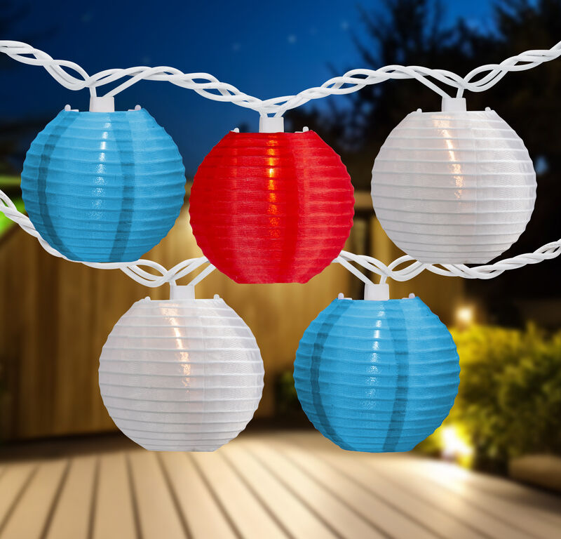 Patriotic Paper Lantern Patio Light Set - Red  White and Blue - 8.5' White Wire - 10ct image number 1