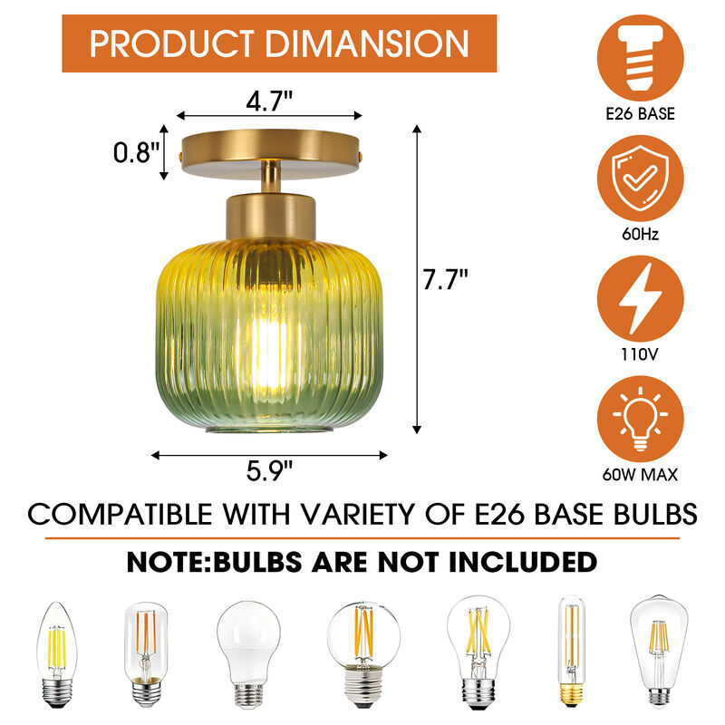 5.9" Vintage Green Glass Semi Flush Mount Ceiling Light