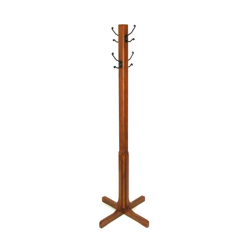 Wooden Coat Stand with X Frame Base and Metal Hooks, Oak Brown - Benzara