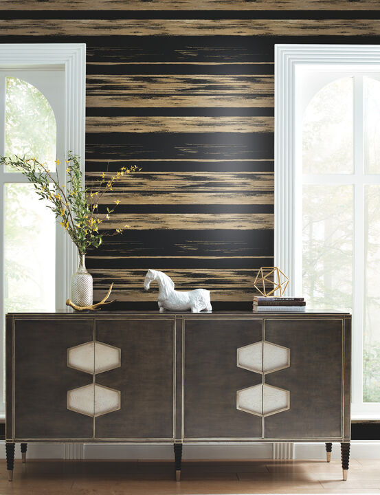 Horizontal Dry Brush Black & Gold Wallpaper