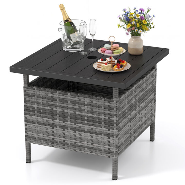 Patio Square Wicker Side Table with Umbrella Hole for Yard