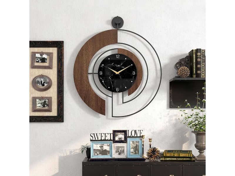 22" Modern Walnut Marble Dial Wall Clock - Silent Non-Ticking Wood Metal Frame for Living Room & Bedroom image number 1
