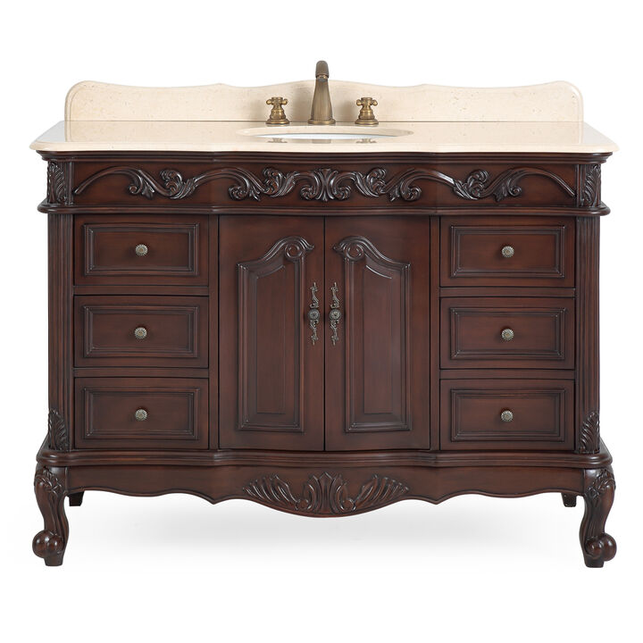 42 Inch Traditional Style Cherry Brown Single Sink Cream Marble Countertop Beckham Bathroom Vanity
