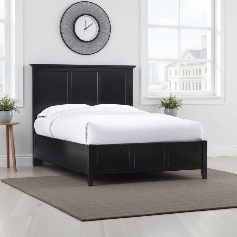Neo Solid Mahogany Wood Low Profile Queen Bed, Beveled Trim Top, Black