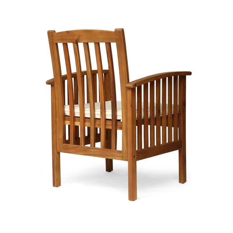 Gerry Dining Chair, Traditional Slat Design Brown Acacia Wood, Beige Fabric - Benzara