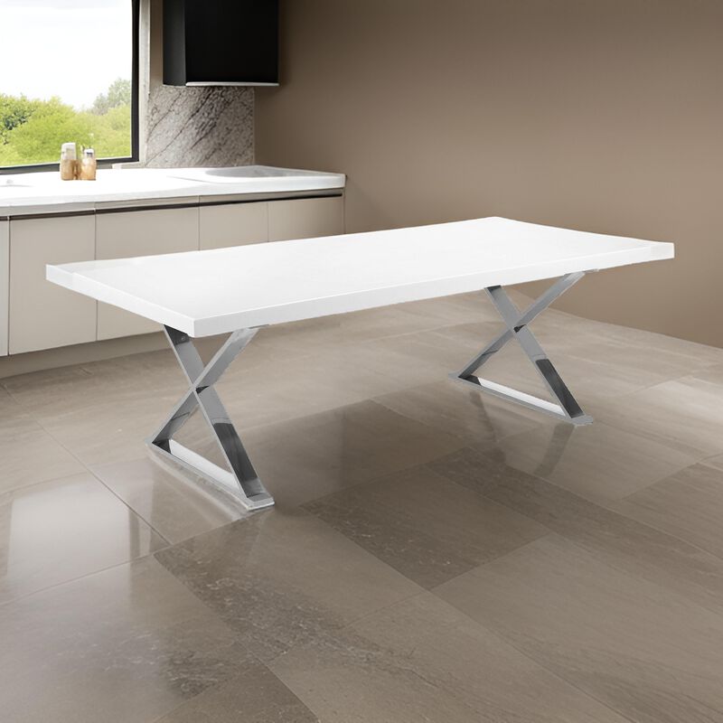 Rix 87 Inch Dining Table, White Wood Top, X Chrome Finished Steel Legs