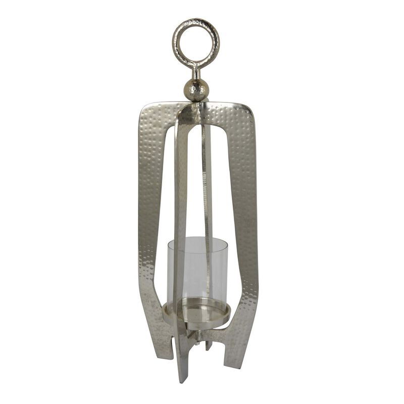 Brie Candle Holder Lantern, 27 Inch, Silver Metal Frame, Glass Shade - Benzara