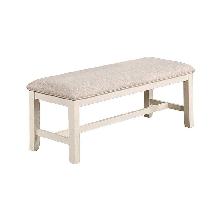 Sam 50 Inch Dining Bench, Farmhouse Style, Beige Upholstery, White Wood - Benzara