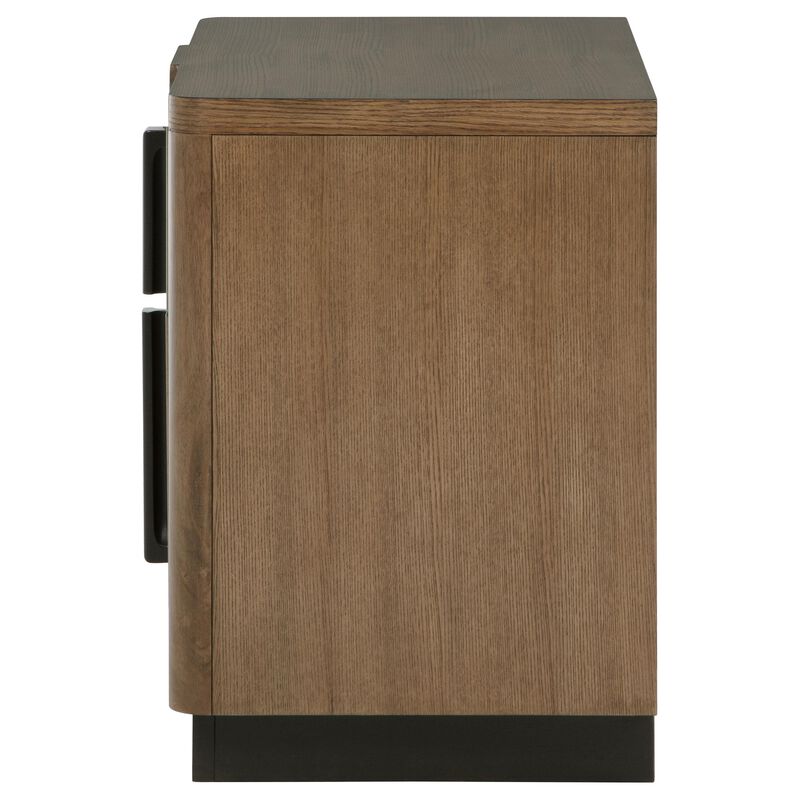 Reon Nightstand, 2 Drawers, Decorative Reeded Ash Brown Black Wood - Benzara