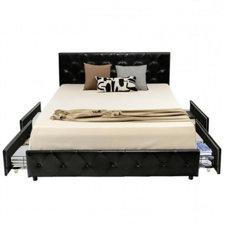 PU Leather Button Tufted Platform Bed with 4 Storage Drawers