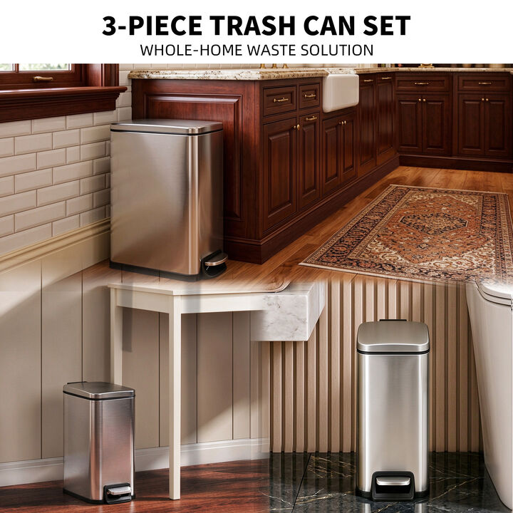 11.9 Gallon + Two 1.6 Gallon Slim Trash Can Sets, Stainless Steel Step-on Trash Can with Soft-Close Lid. Silver