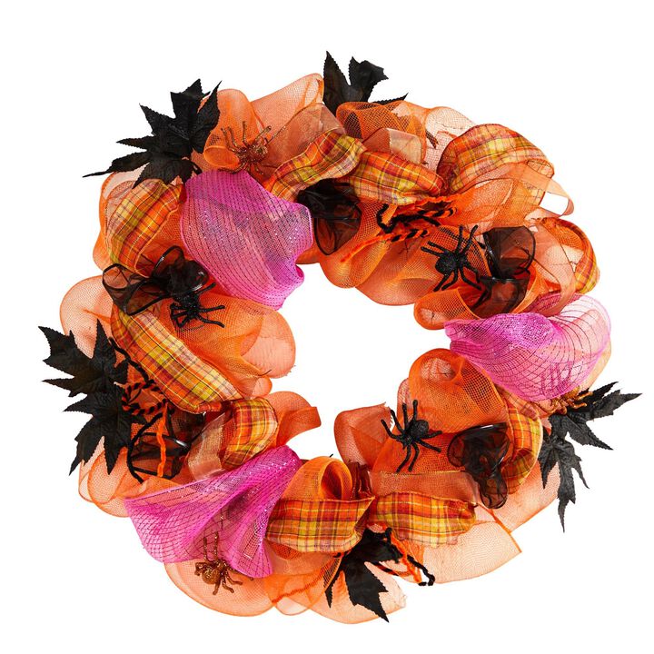 Nearly Natural 26-in Halloween Spider Mesh Wreath