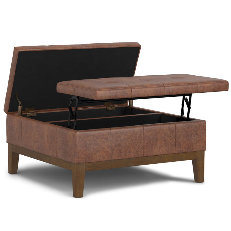 Dover 36 inch Wide Contemporary Square Lift Top Coffee Table Storage Ottoman in Distressed Saddle Brown  Vegan Faux Leather, Assembled