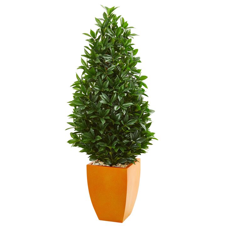 HomPlanti 57 Inches Bay Leaf Artificial Topiary Tree in Orange Planter UV Resistant (Indoor/Outdoor)