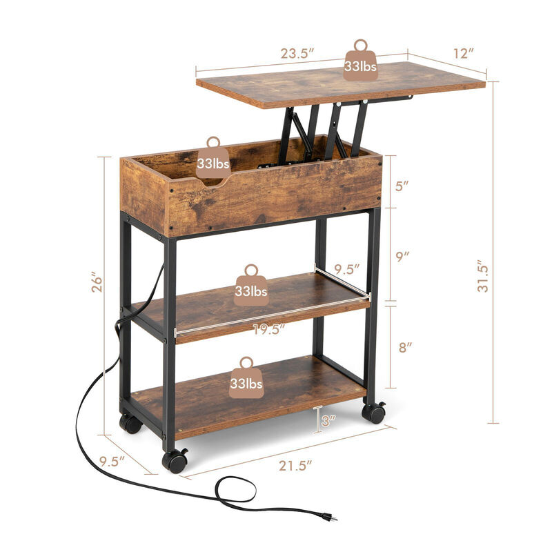 Lift Top End Table with Charging Station and Universal Wheels-Rustic Brown image number 3