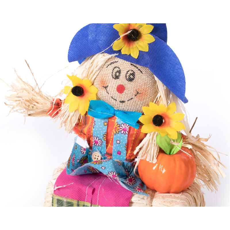Gardenised 12 Inch Sitting on Straw and Hay Bales Multicolor Trio Scarecrows for Halloween, Fall and All Time Season Garden Decor, Scatter them Around or Gather them Together for a Mesmerizing Display