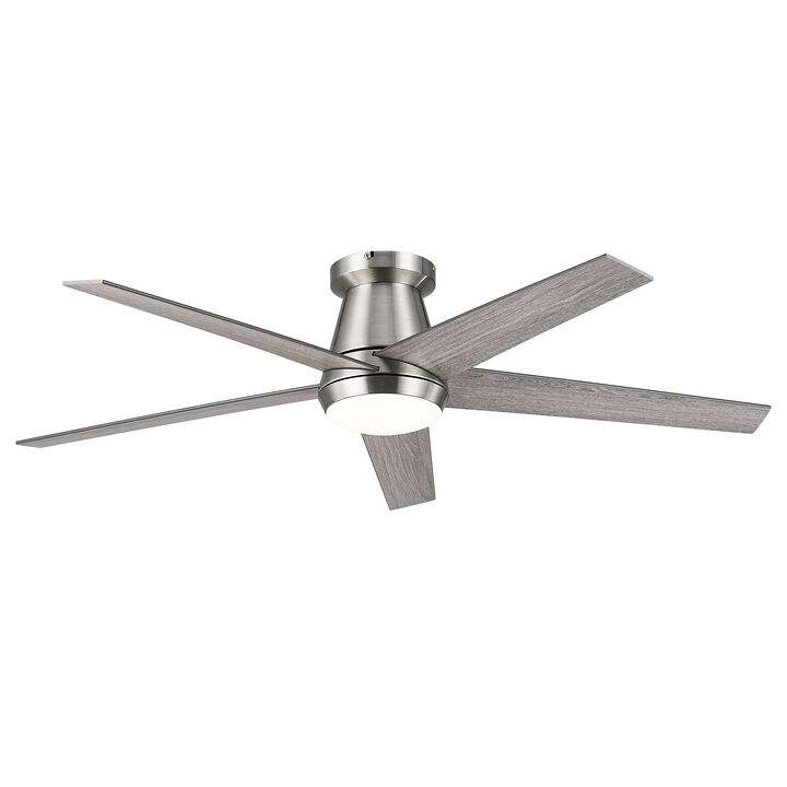 52" Satin Nickel Modern Flush Mount Dimmable Reversible 5 Blades Hugger Ceiling Fan with APP Control and Remote
