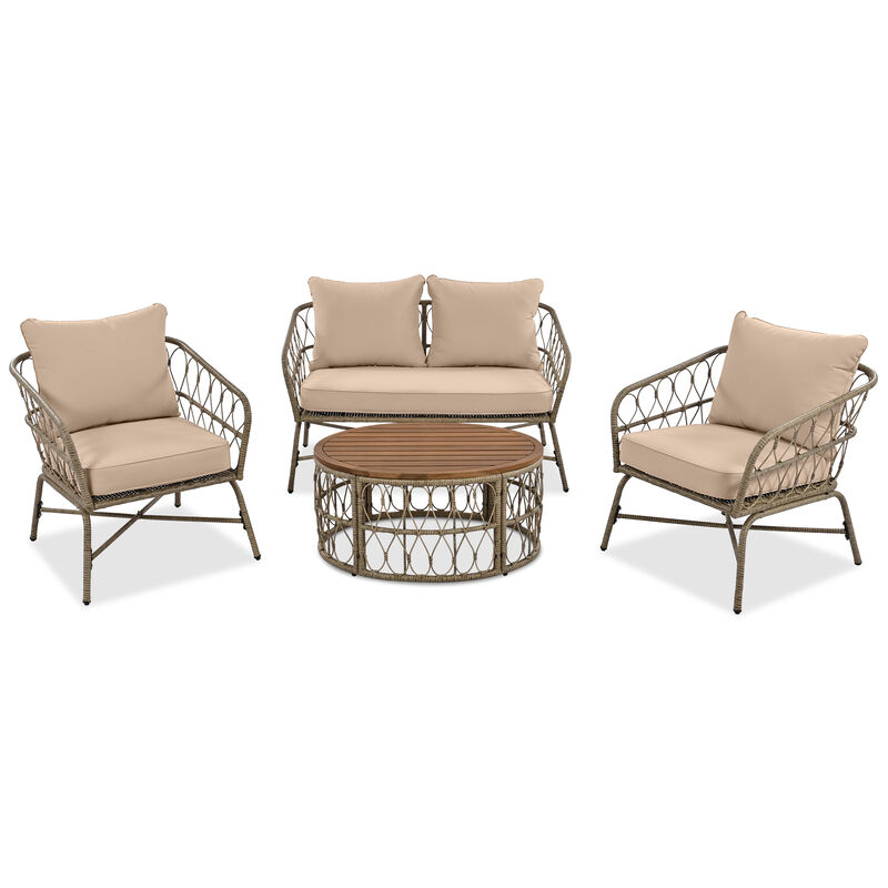 Whisen Bohemia-inspired Outdoor Seating Group With Removable Cushions, Conversation Patio Set With Wood Tabletop