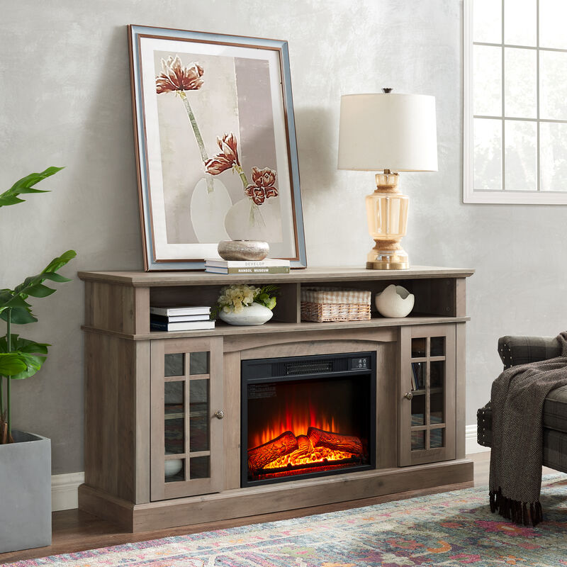 Mondawe Farmhouse Rattan TV Stand Console With Fireplace, Suitable For Storage Of TV Under 70 Inches image number 2