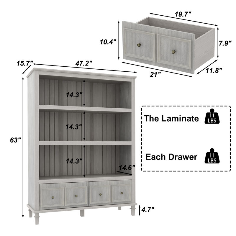47.2 in. W x 63 in. H, Wood Grain Gray, 3-Tier Open Shelves, Standard Bookcase with 2 Drawers for Storage