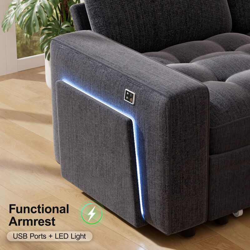 102" L-Shaped Chenille Modular Sectional Sleeper Sofa with Pullout Bed, Reclining Backrest, USB image number 5