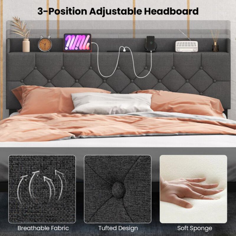 Hivvago Floating Bed Frame with LED and Headboard and Charging Station-Queen