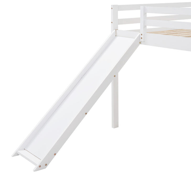 Whisen Full Loft Bed with Slide, Multifunctional Design- White
