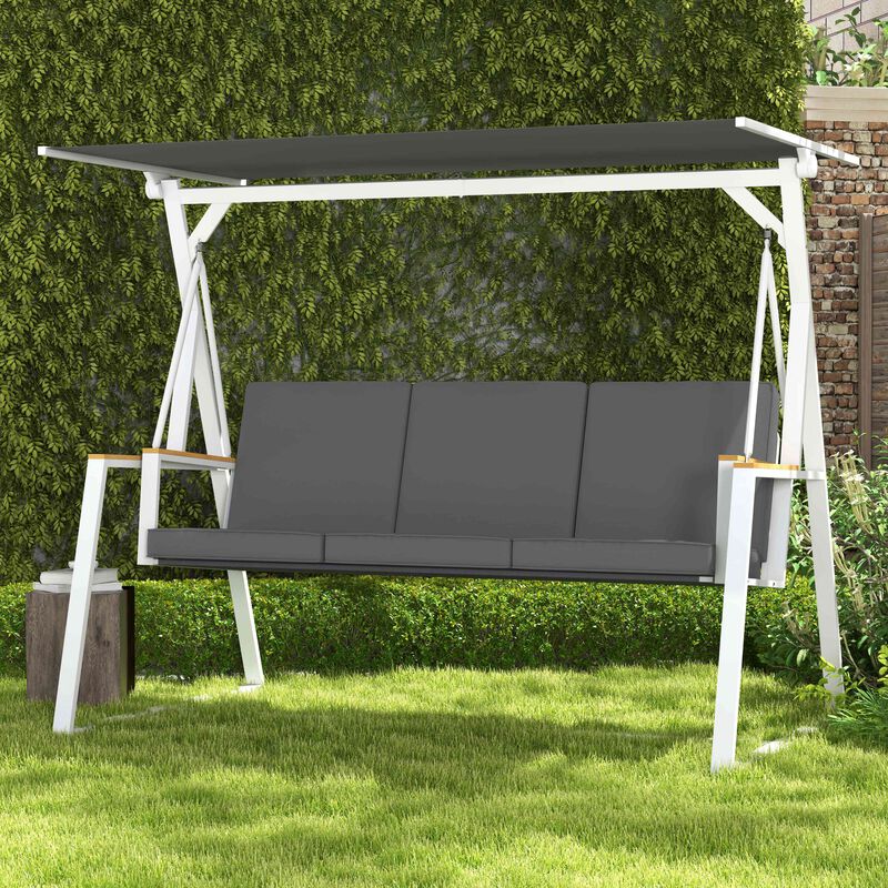 Outsunny 3-Seat Outdoor Porch Swing with Stand, Heavy duty Patio Swing Chair with Adjustable Canopy, Removable Cushions & Breathable Mesh Seat for Garden, Backyard and Poolside, Gray