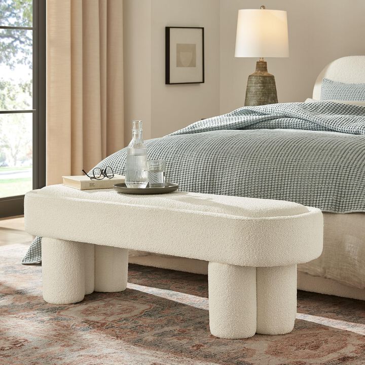 Modway Mossi 52-Inch Modern Oval Boucle Fabric Bench in Marble &ndash; Upholstered Accent Bench with Cylindrical Clover-Leg Base for Bedroom, Entryway, or Living Room