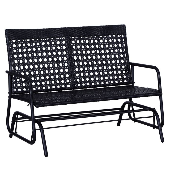 Patio 2-Person Wicker Glider Bench Rocking Chair, All-Hand Woven PE Rattan Cushioned Loveseat w/ Ergonomic Design Rocking System, Black