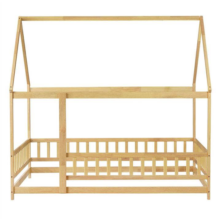 Whisen Full Size House Floor Wooden Bed with Roof Frame, Safety Guardrails-Brown