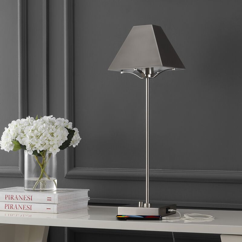 Ruthen Industrial Style Iron Pyramid Bedside LED Table Lamp with USB Charging Port