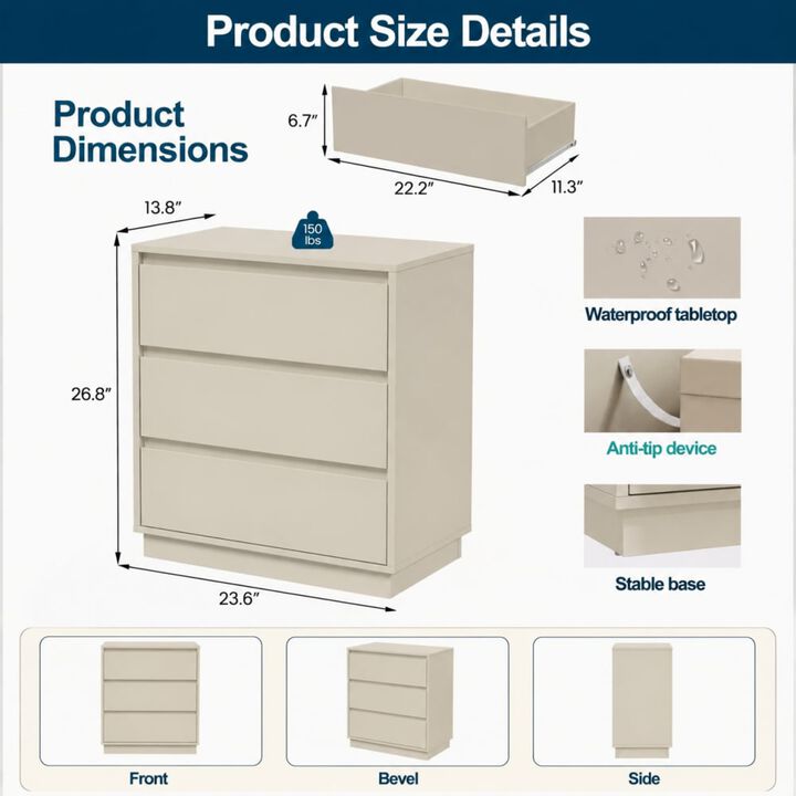 GOODSILO Modern 3-Drawer Nightstand with Spacious Storage, Water-Resistant Top, Anti-Tip Safety, Soft-Close Glides for Bedrooms