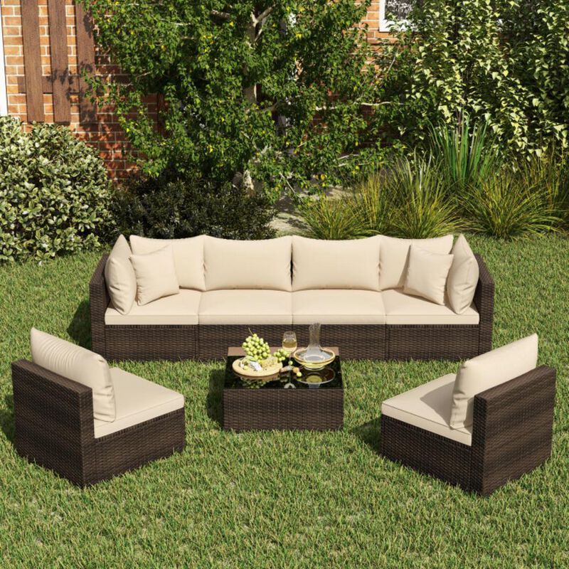 Hivvago 7 Pieces Patio Rattan Furniture Set with Sectional Sofa Cushions