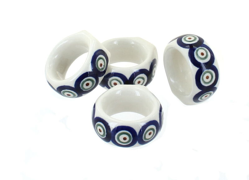 Blue Rose Polish Pottery Flowering Peacock Napkin Ring Set
