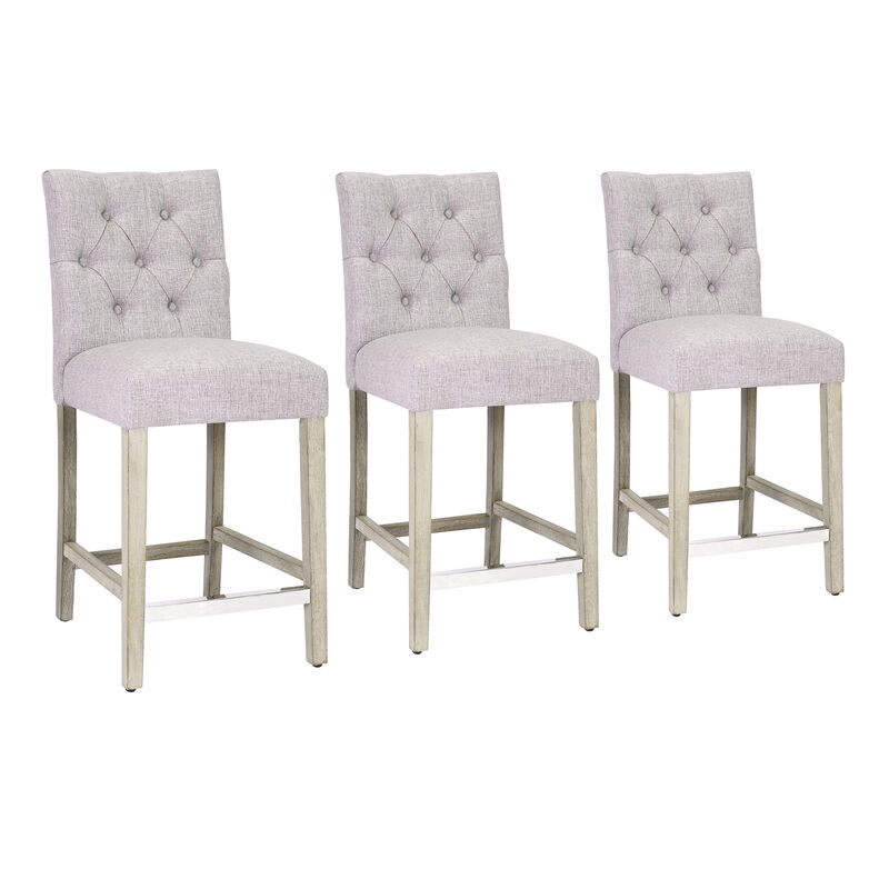 WestinTrends 24" Linen Fabric Tufted Upholstered Counter Stool (Set of 3), Antique Grey