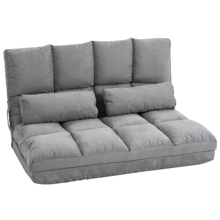 Convertible Floor Sofa Chair, Folding Upholstered Couch Bed, Adjustable Guest Chaise Lounge with Metal Frame and 2 Pillows, Gray