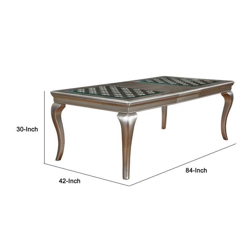 Glass Inserted Wooden Dining Table With Expandable Leaf, Silver - Benzara