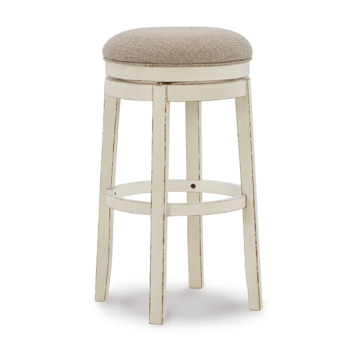 30 Inch Swivel Backless Barstool, Distressed White, Beige Polyester Seat-Benzara