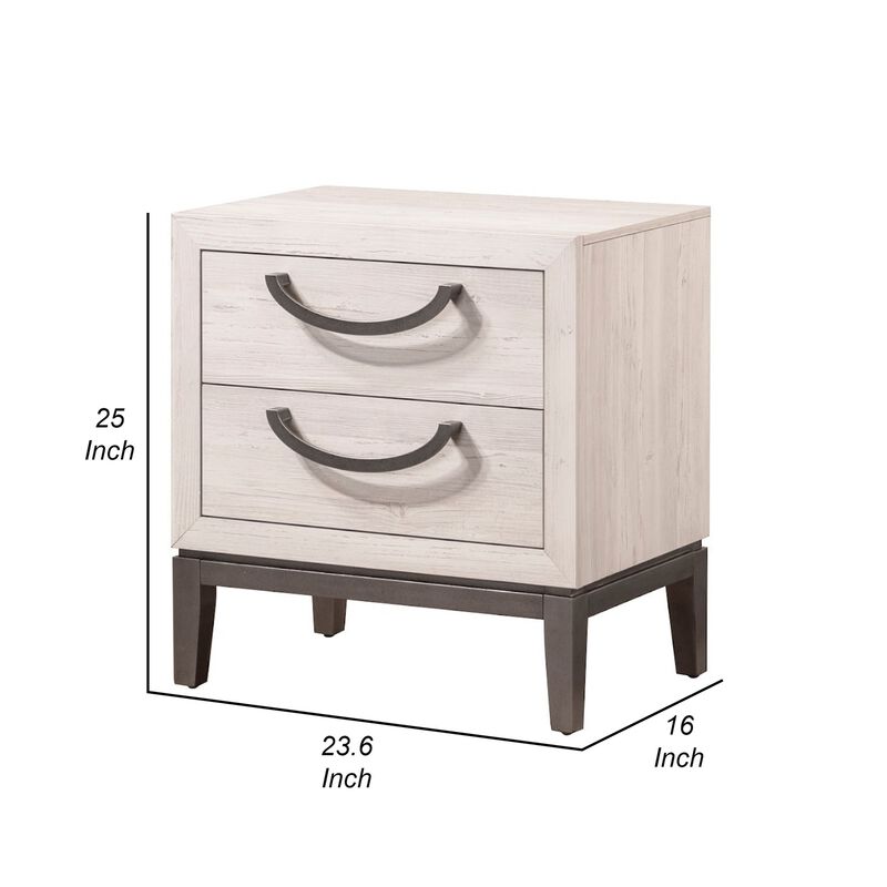 Vice 25 Inch Nightstand, Wood Frame, 2 Drawers, Metal Handles, Beige, Brown - Benzara