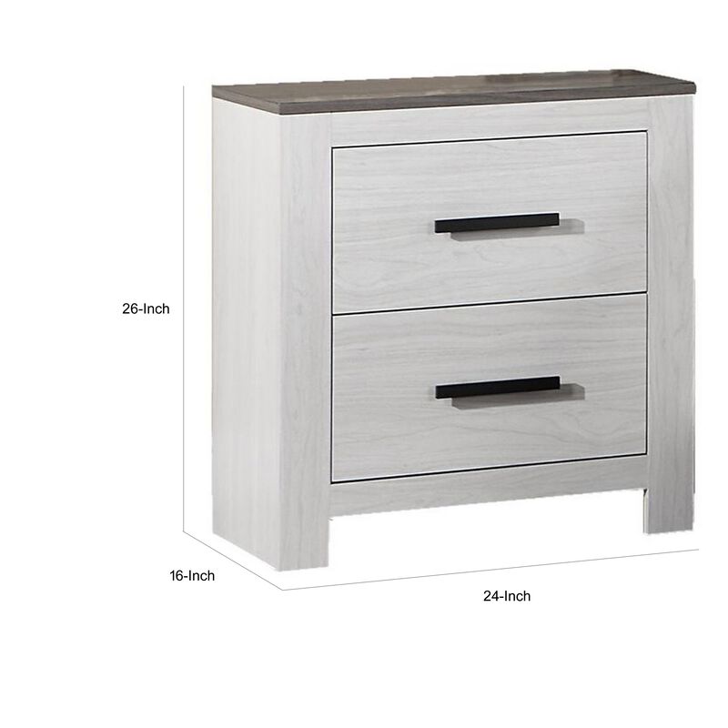 Kopa 26 Inch Nightstand with 2 Drawers, Black Handles, White Wood Finish - Benzara