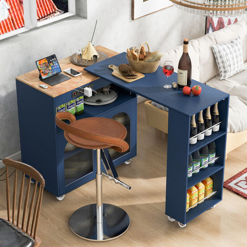 Rolling Kitchen Island With Extended Table, Kitchen Island on Wheels with LED Lights, Power Outlets and 2 Fluted Glass Doors, Kitchen Island with a Storage Compartment and Side 3 Open Shelves, Navy