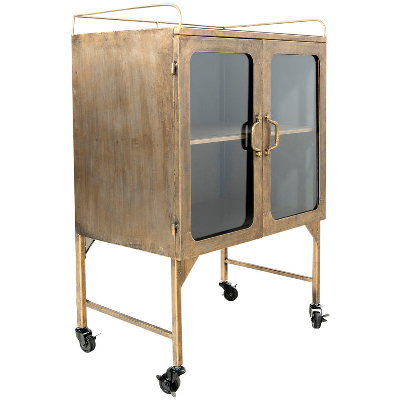 Metal Bar Cabinet with Glass Doors and Wheels, Gold and Antique Brass image number 4