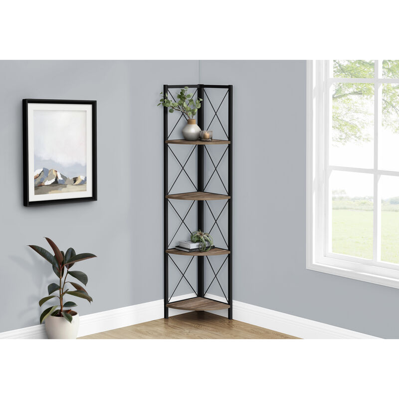 Monarch Specialties I 3646 Bookshelf, Bookcase, Etagere, Corner, 4 Tier, 60"H, Office, Bedroom, Metal, Laminate, Brown, Black, Contemporary, Modern