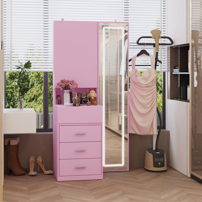 FUFU&GAGA Modern Vanity Table with Lighted Mirror and Storage, 3 Drawers & Sliding Cabinet, (31.5 in. W x 13 in. D x 63 in. H), Pink